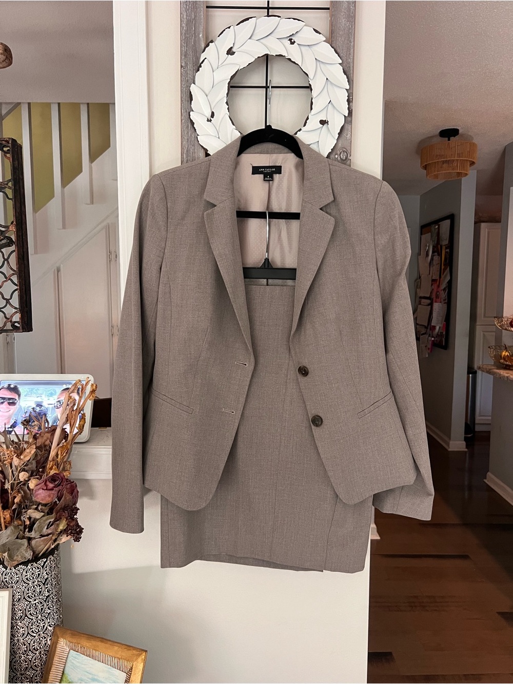 Ann Taylor Taupe Two-Piece Blazer and Skirt Set